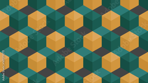 Abstract geometric pattern with cubes in shades of green gold and dark gray tones