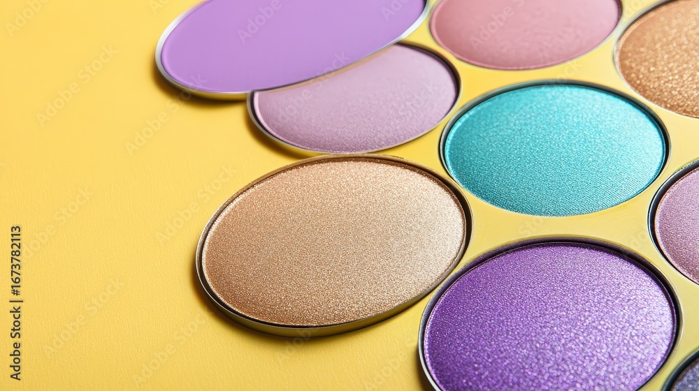 Fototapeta premium Vibrant colorful eyeshadow palette with shimmery and matte shades on yellow background