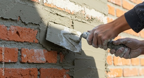 Skilled hands applying plaster or render to an existing brick wall using a finishing trowel, demonstrating home renovation work.