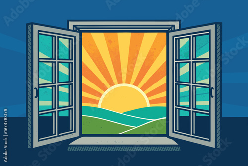 Striking poster, vast open window, glowing sunbeams, serene natural landscape, ethereal light.