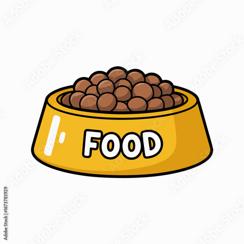 Cartoon Pet Food Bowl with Kibble – Yellow Dish Filled with Dog Food