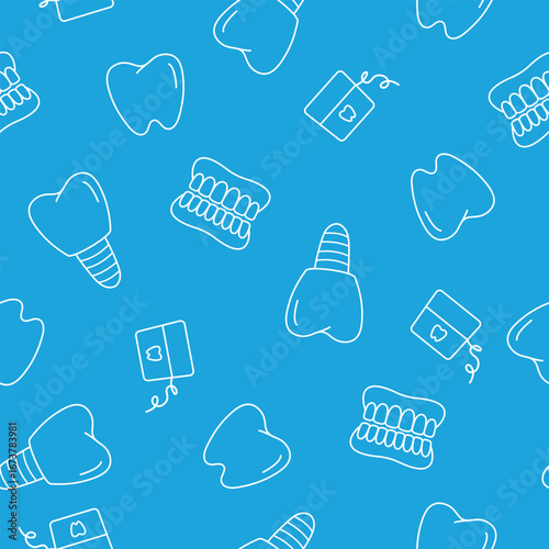 Vector seamless pattern with dental elements — teeth, implants, dentures, and dental floss on blue background.