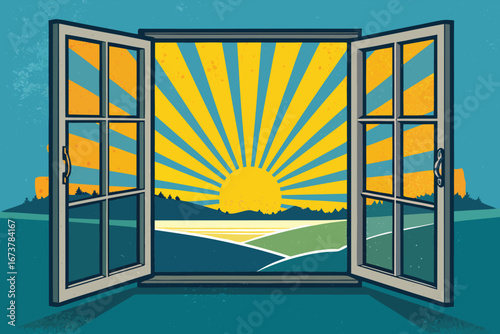 Realistic poster, vast open window revealing radiant, glowing sun, warm, inviting, optimistic atmosphere.