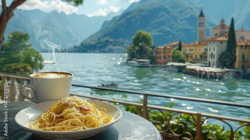 Italian pasta and coffee with lakeside view