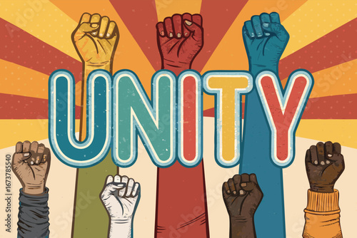 Diverse raised hands clutch "uni" in a powerful symbol of unity and collaboration, community, solidarity.