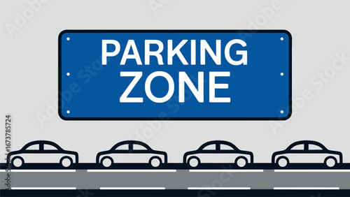 Parking Zone Sign with Row of Outline Parked Cars Illustration