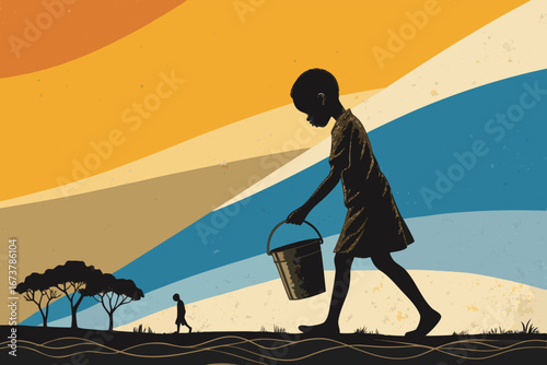 Silhouette of a child with a bucket, walking towards a hopeful dawn, representing innocence and aspirations.