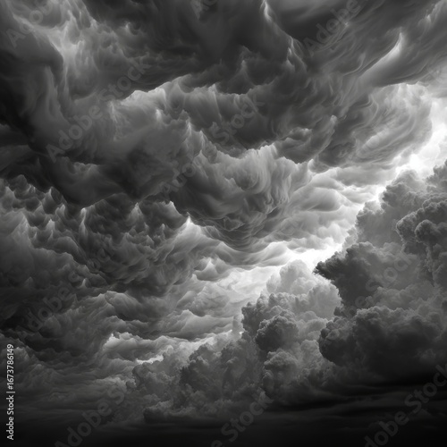 Stormy skies featuring dramatic waves of undulating clouds above.