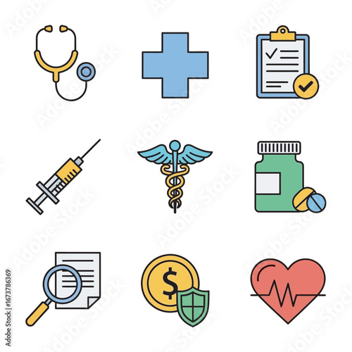 Medical icons represent healthcare services on white