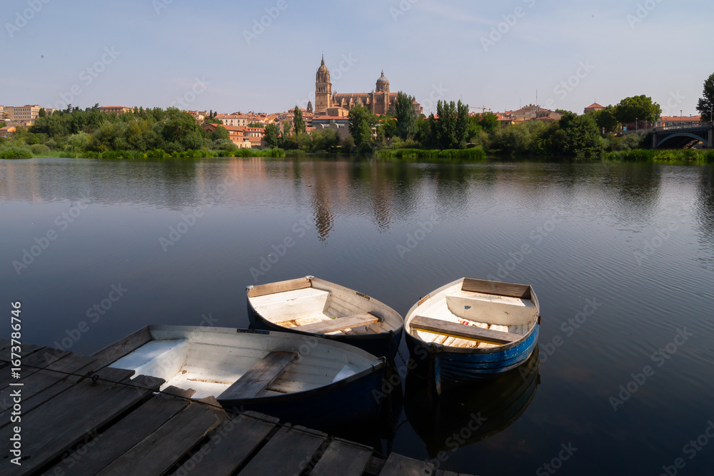 Fototapeta premium Salamanca Cathedral from the Tormes River port. Landscape view of the Tormes River as it passes through the city of Salamanca.