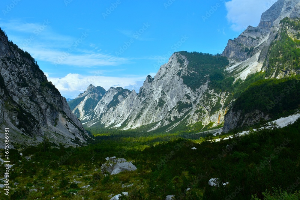 Obraz premium Sceniv view of Tamar alpine valley and Slemenova Špica above in Gorenjska, Slovenia