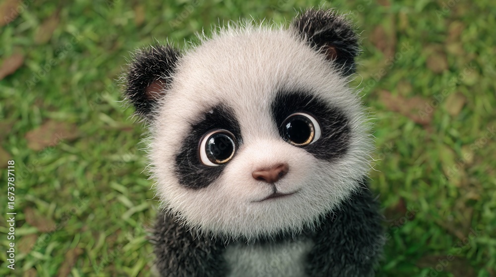 Obraz premium A cute animated panda cub with big expressive eyes sits on green grass, exuding playful innocence and charm.