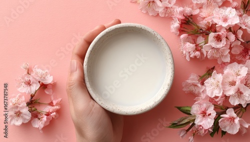 Hand holds small, round, white bowl of milky liquid, surrounded by pink cherry blossoms