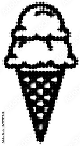 Pixelated black and white ice cream cone with two scoops. Vector illustration