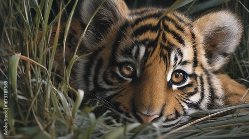 A young tiger cub with vivid orange and black stripes, nestled in lush green grass, showcasing its curious expression.