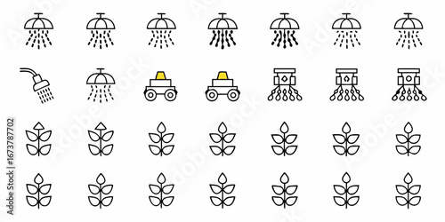 Irrigation system icons for agriculture and farming showing water sprinkler, tractor, and crop outlines