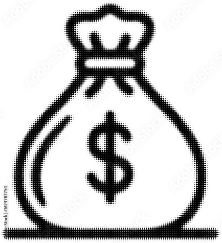 Black and white icon of money bag with dollar symbol, economic concept. Vector illustration