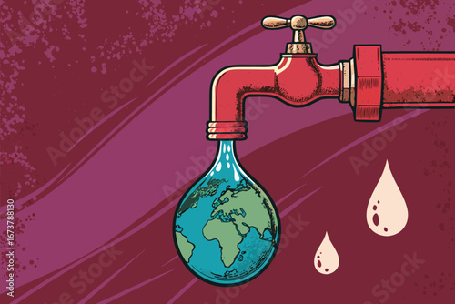 Poster art earth-shaped tap, last drop symbolizes crucial resource preservation.
