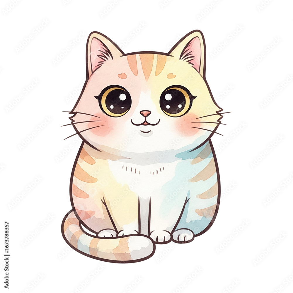 Obraz premium Cute white cartoon cat with big blue eyes sitting on black background