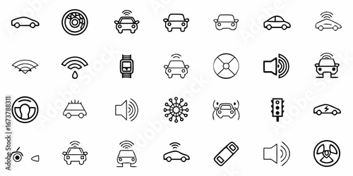 Modern car technology icons for automotive design, smart driver assistance, electric vehicle charging and industry