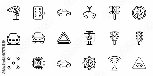 Doodle style autonomous vehicle elements and road signs driving innovation, modern tech for smart city design
