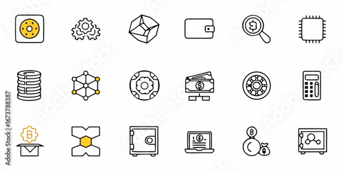 Modern cryptocurrency and blockchain technology icons representing digital finance and decentralized networks