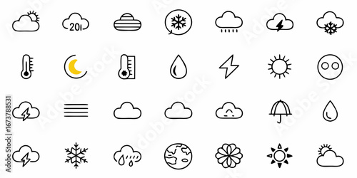 Weather forecast icons predicting sun, rain, snow, and storms offering meteorology resources