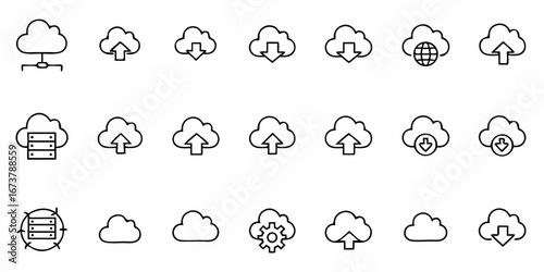 Modern cloud computing service icons for data transfer and internet connection, scalable graphics