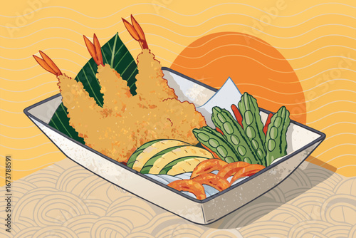 Appetizing poster featuring golden tempura shrimp and vibrant assorted vegetables, beautifully arranged.