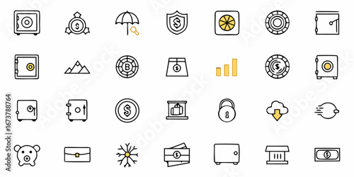 Modern financial icons set depicting banking security, savings, and investment opportunities for business needs