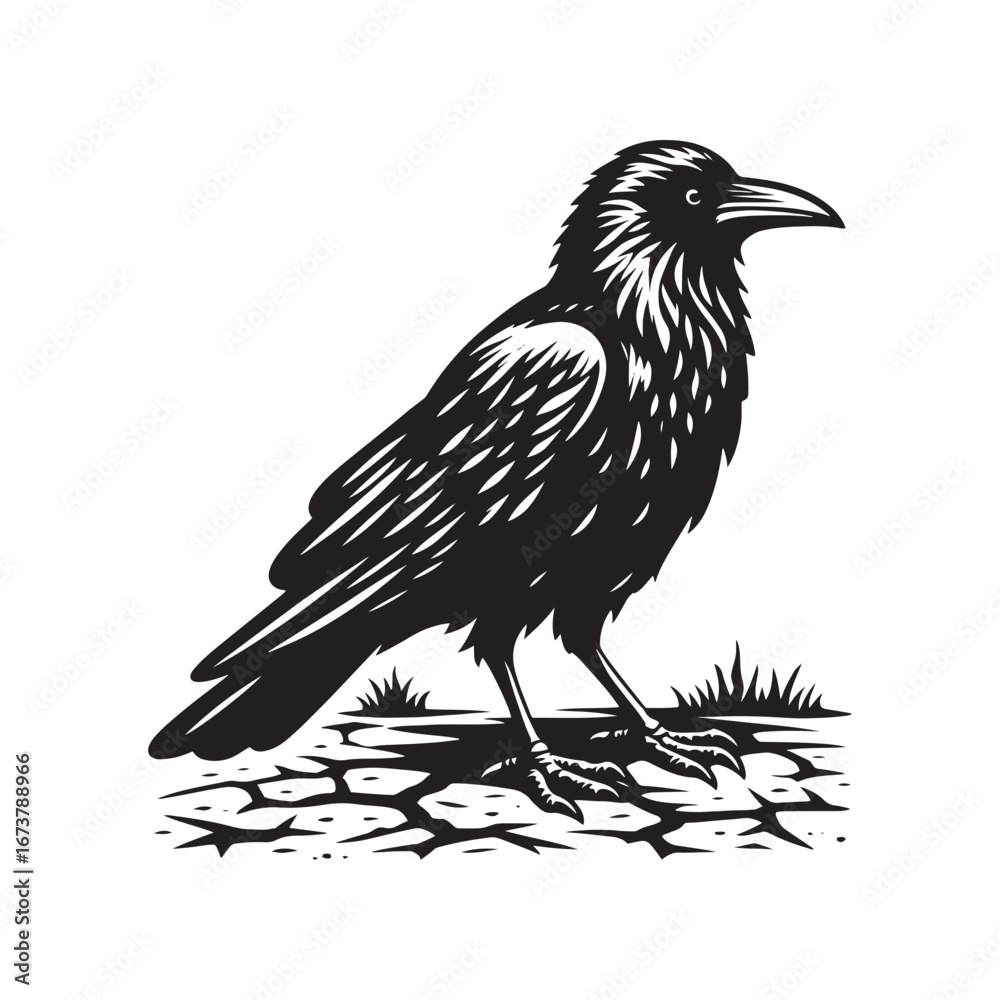 Obraz premium Black and White Vector Crow Silhouette on Rugged Western Landscape