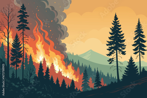 Vivid forest wildfire poster, inferno, dense smoke plumes, glowing embers, trees ablaze, nature's fury.