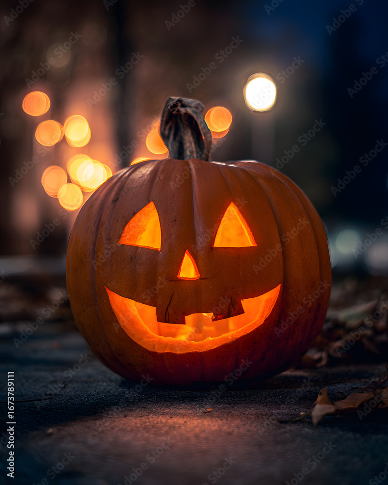 Fototapeta premium Halloween Jack-o'-Lantern. Glowing pumpkin close-up in the dark