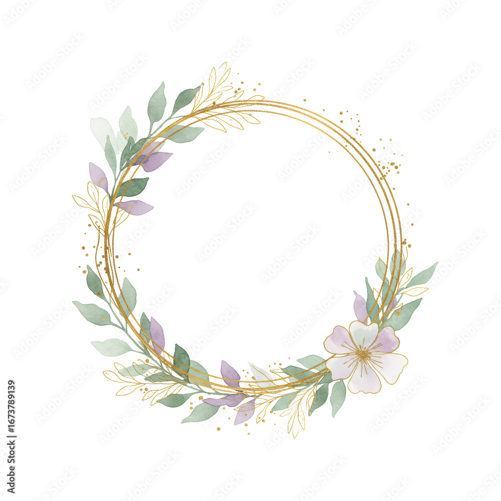Obraz premium Delicate golden circular frame, green/purple watercolor botanicals, golden flowers, splatters, on white background, studio flat lay, Concept of elegant design, natural beauty