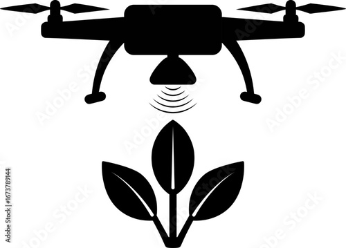 Agricultural Drone Monitoring Icon. Black and white vector symbol for smart farming and crop surveillance. Glyph for precision agriculture technology.