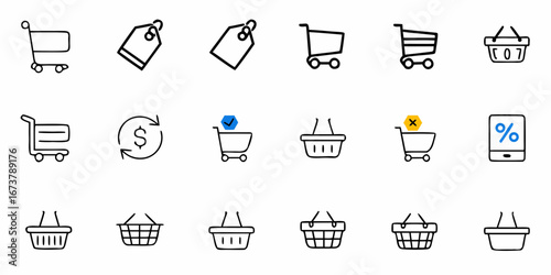 Modern shopping icons representing online retail and e-commerce featuring carts and baskets scalable graphic