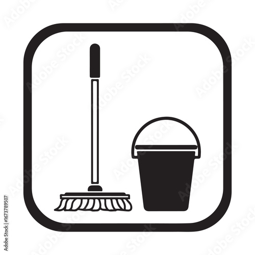 Cleaning Room Icon, Mop and Bucket Vector Silhouette