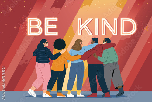 Vibrant poster featuring "BE KIND" glowing softly above a diverse group of people, celebrating unity.