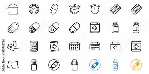 Medication reminders and health tracking icons for wellness app vector graphic for healthcare design