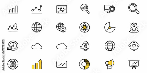 Stunning data analysis icons for business intelligence showcasing growth, insights, and global reach in modern design