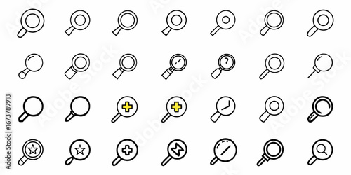 Diverse magnifying glass icon collection for search, discovery, research and exploration in modern line style