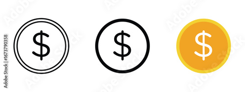 Dollar icon set with outline, solid, and colored styles with white background for trade, economy, and financial apps.