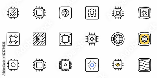 Modern technology icons featuring diverse microchips and processors for digital innovation and electronic concepts