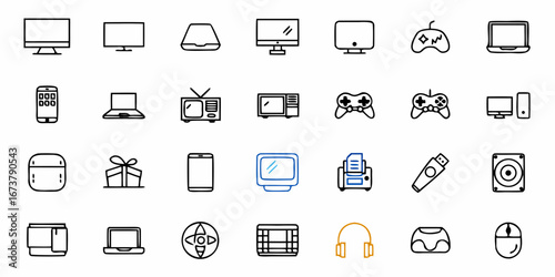 Collection of modern technology and gadget icons for digital design and user interface creation