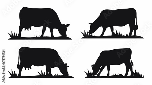 Four black cow silhouettes grazing in grass, creating a symmetrical and balanced composition image | editable eps vectors