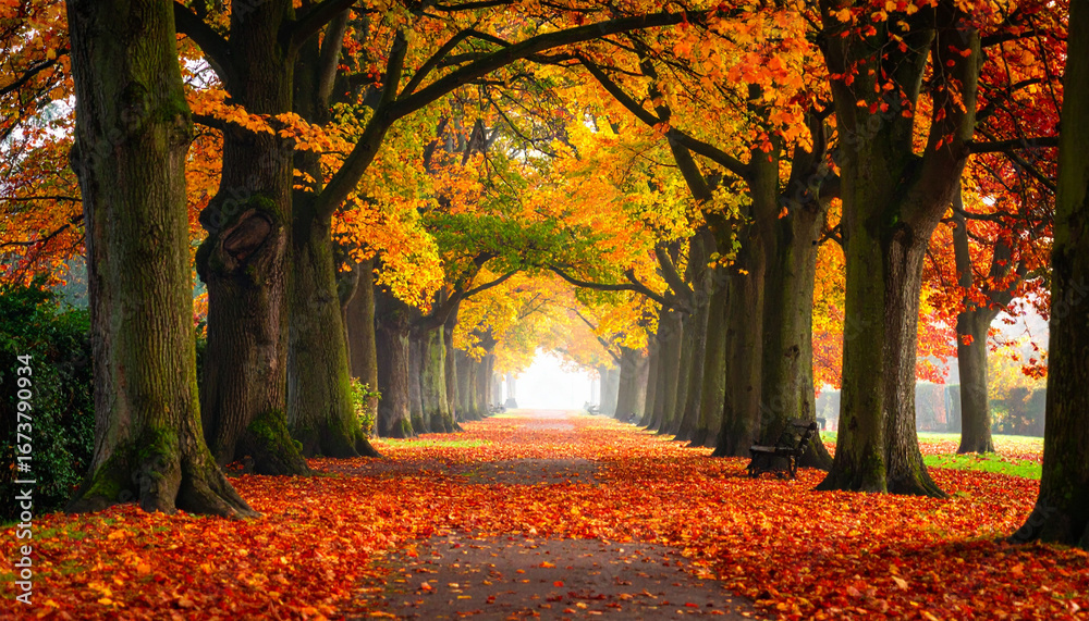 Fototapeta premium Autumn trees displaying vibrant foliage lining a path in a serene park
