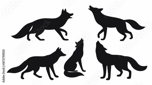 Silhouette depiction of five wolves in various poses including standing walking and howling at the sky above | editable eps vectors