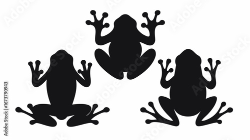 Three black frog silhouettes positioned in a triangular arrangement on a white background design vector | editable eps vectors