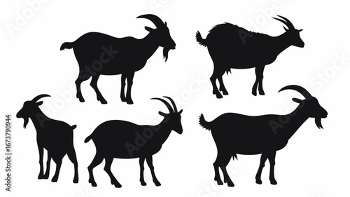 Silhouette depiction of five goats in various stances against a white background showcasing their forms | editable eps vectors