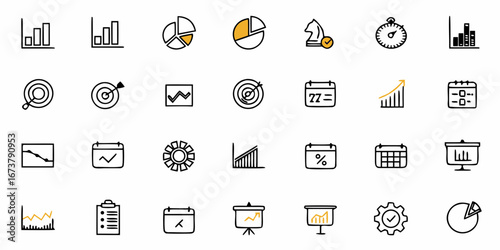 Dynamic business icons for growth strategy, data analysis, and project planning success